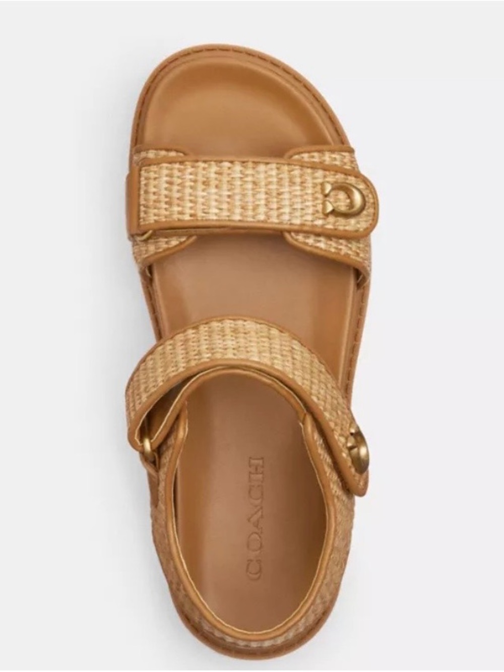 NWT Coach Brynn Raffia Sandals Natural Straw Gold Hardware Velcro Straps Size 5 - Picture 7 of 11